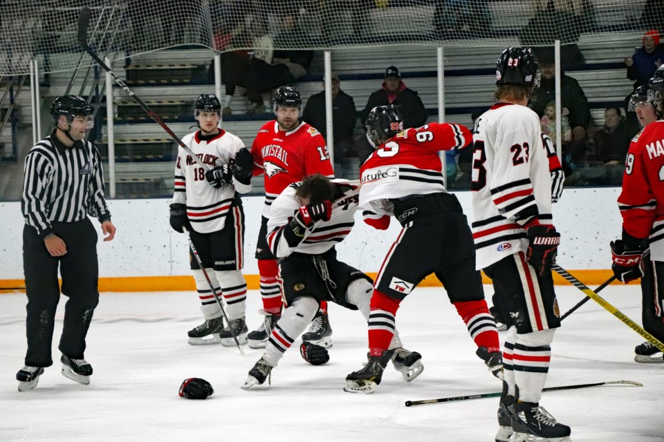 The Innisfail Eagles' Ty Clay wins decisively in a third period fight against the Westlock Warriors' Jayce Matson. Both players received five minute majors and game misconducts. Clay also received a two-minute penalty for being the aggressor and will be suspended for two games, while Matson will get a one-game suspension. Johnnie Bachusky/MVP Staff  