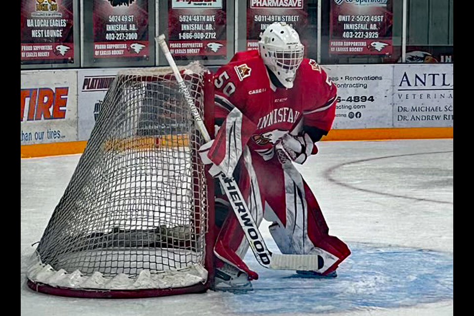 Wade Waters in the net for the Innisfail Eagles last month. On Oct. 26 he suited up for the team for the first time since 2012 and registered a 7-0 shutout victory. Submitted photo