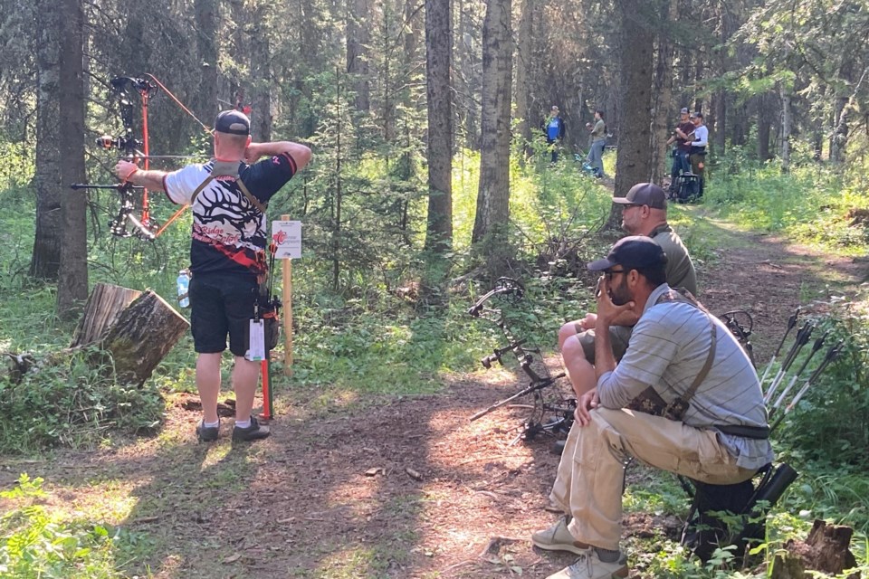 Cody Fuchko, a member of the Elk Ridge Archery Club, holds steady at full draw as he lines up his shot and prepares to release an arrow at a 3D target this past weekend during the ASA’s PSE Classic, which for the third year in a row was held at the Painted Warriors Ranch south of Sundre in the Bergen area where the Elk Ridge Archery Club has access to three separate courses.
Submitted photo