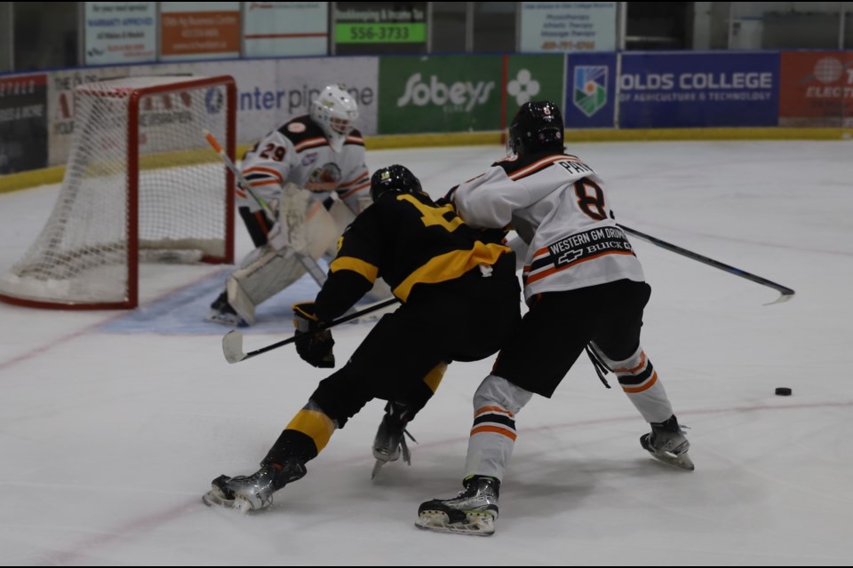 Olds Grizzlys forward Aiden Knutson tries to muscle his way toward the net during a game between the Olds Grizzlys and Drumheller Dragons, held Jan. 17 at the Olds Sportsplex.
Doug Collie/MVP Staff