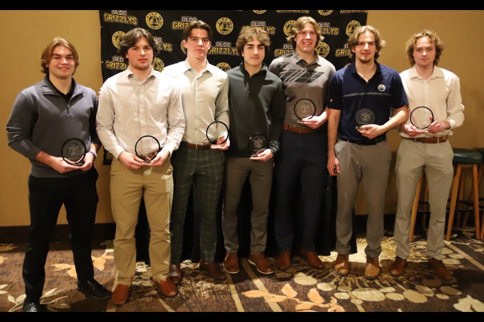 Seven Olds Grizzlys received awards during the team's annual awards banquet, held Feb. 22 at the Pomeroy Inn & Suites. Frome left are Michael Albert - Top Teammate (players' choice), Ben Dardis - MVP,  Keil Schmalz - Defenceman of the Year, Jonathan Doucette - Rookie of the Year, Jaxson Doyle - Community Player of the Year,
Hunter Motley - Most Dedicated Player and Aidyn Law - Most Sportsmanlike Player.
Doug Collie/MVP Staff