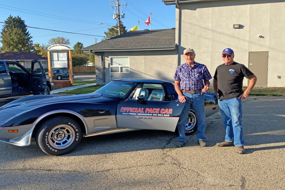 Richard Kuryk, the grand prize winner from Our Lady of Peace Catholic Church Classic Car Raffle, left, and Art Gordon, a church parishioner and member of the fundaising committee. With his $20 ticket Kuryk won a 1978 Corvette Pace Car that is valued at $27,000. 
Photo by Sandy Kathan