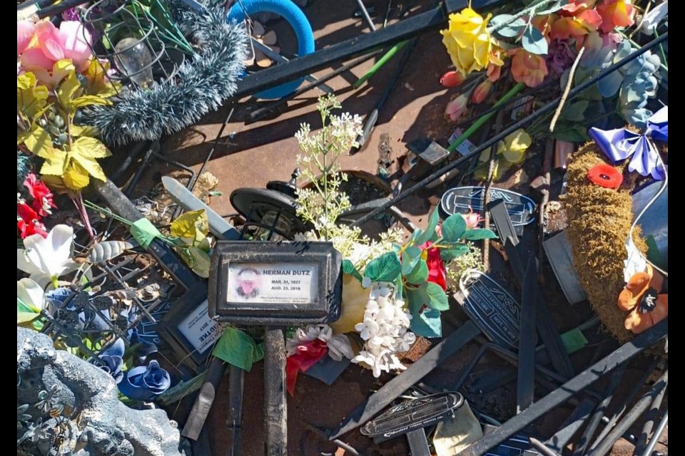 Unclaimed temporary memorials and markers collected by Innisfail parks staff during their recent clean-up of the Innisfail Cemetery. Many local citizens angrily responded on social media but others noted the town gave plenty of notice and reasons for the clean-up. Facebook photo