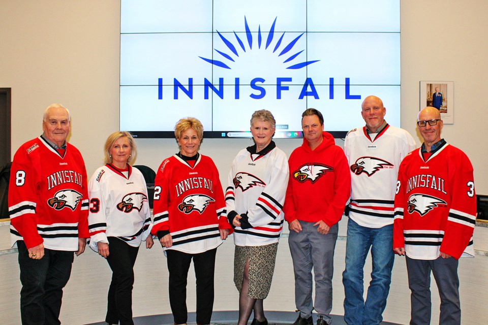 On March 10 members of Innisfail town council, along with chief administrative officer Todd Becker, put on the jerseys of the Innisfail Eagles to show their support for the team's bid to win this year's North Central Hockey League championship. Town of Innisfail photo