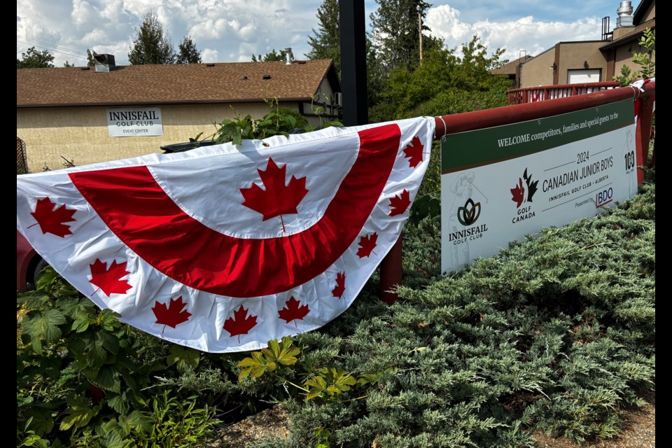 Banners and signs are up this week at the Innisfail Golf Club to celebrate this week's start of the 2024 Canadian Junior Boys Golf Championship, the first ever national tournament played at the club. Johnnie Bachusky/MVP Staff
 