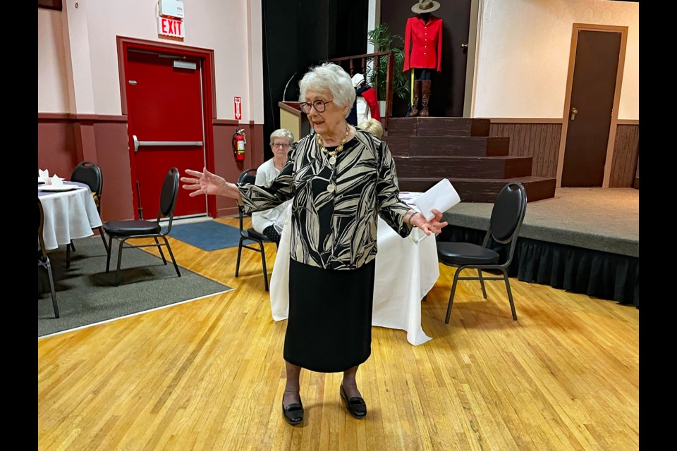 Patricia Newman, Innisfail's first elected female mayor, gives a spirited address on June 4, 2022 to help open the Queen’s Platinum Jubilee Tea at the Ol’ Moose Hall. File Photo/MVP Staff