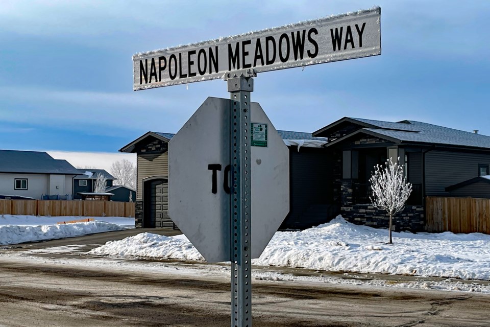 The street entrance into the Napoleon Meadows subdivision. The Town of Innisfail has extended the agreement for one year with RE/MAX Real Estate Central Alberta to sell the subdivision's remaining 17 lots. Johnnie Bachusky/MVP Staff