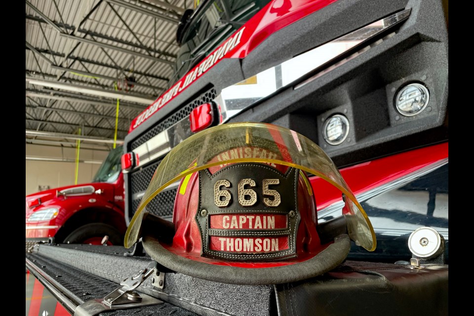 Mike Thomson’s firefighter helmet when he was a captain with the Innisfail Fire Department. He is now the department’s first-ever assistant chief. Johnnie Bachusky/MVP Staff