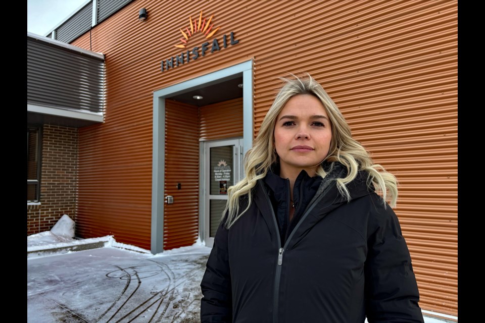 Innisfailian Lindsay Pickard outside the Innisfail administration building on Feb. 26 following her passionate presentation to town council on the current dangers pedestrians face at downtown crosswalks. Johnnie Bachusky/MVP Staff