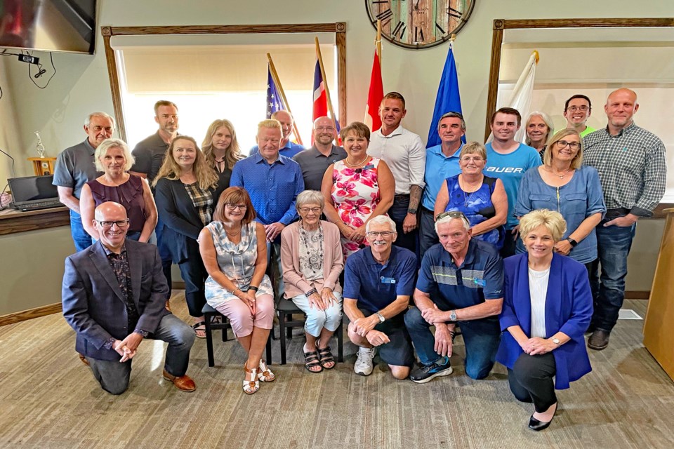 Attendees at the Rotary Club of Innisfail lunch meeting on Sept. 1 gather for a group photo. The meeting, attended by Rotarians, members of Innisfail town council and family members of the late Larry Reid, was designed to celebrate the accomplishments of Rotary, the community, and former Innisfailian Ray Bennett on Stanley Cup Day on Aug. 8. 
Johnnie Bachusky/MVP Staff