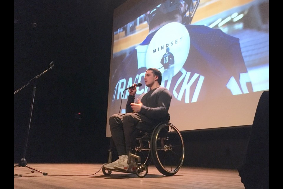 Former Humboldt Bronco Ryan Straschnitzki told an all-ages crowd of almost 100 people about the importance of embracing a forward-looking growth mindset to substantially improve one’s chances for success on the path to reaching goals against the odds. 
Simon Ducatel/MVP Staff