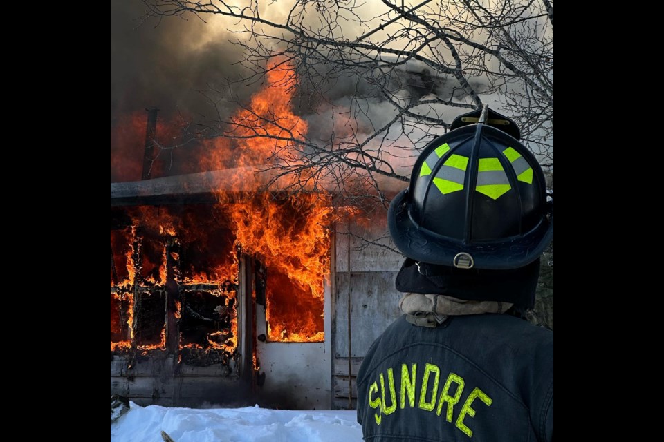 The Sundre Fire Department conducted on Saturday, March 25 a live structure fire training session on a donated property south of town in the Bergen area. 
Photo courtesy of Sundre Fire Department