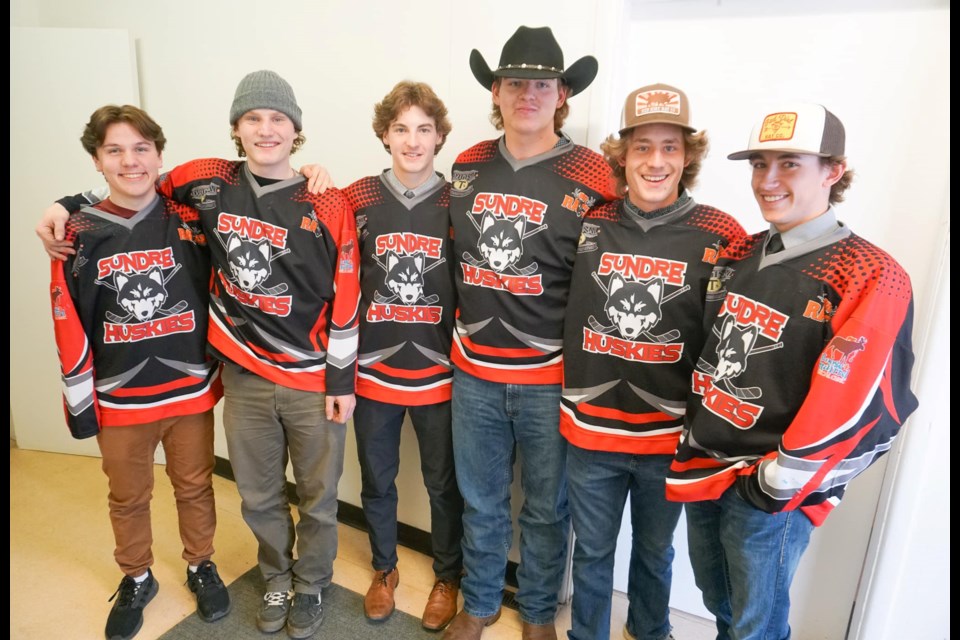 From left: Retiring U18 Huskies Noah Smeets, Kannon Myram, Liam Glosser, Myles Johnson, Ryan Rosevear, and Tate Lyle received a fond farewell during the Sundre Minor Hockey Association's 2022-23 awards night, held April 3 at the Sundre Elks hall. 
Submitted photo