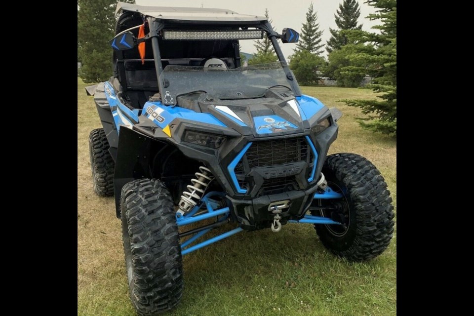 This blue, 2019 Polaris side-by-side was reported stolen from Mountain-Aire Resort and Campground along with a trailer late in January. While Calgary Police Service subsequently recovered the trailer earlier this month, the off-road vehicle remains missing. 
Photo courtesy of Sundre RCMP