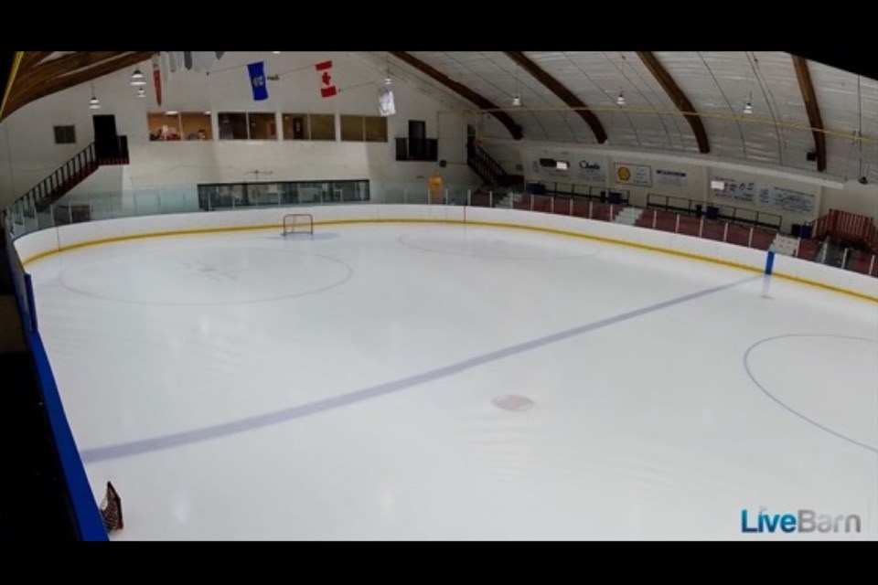 The new camera that was installed in January at the Sundre Arena above the penalty boxes at centre ice more recently started broadcasting through a service called LiveBarn. 
LiveBarn screenshot