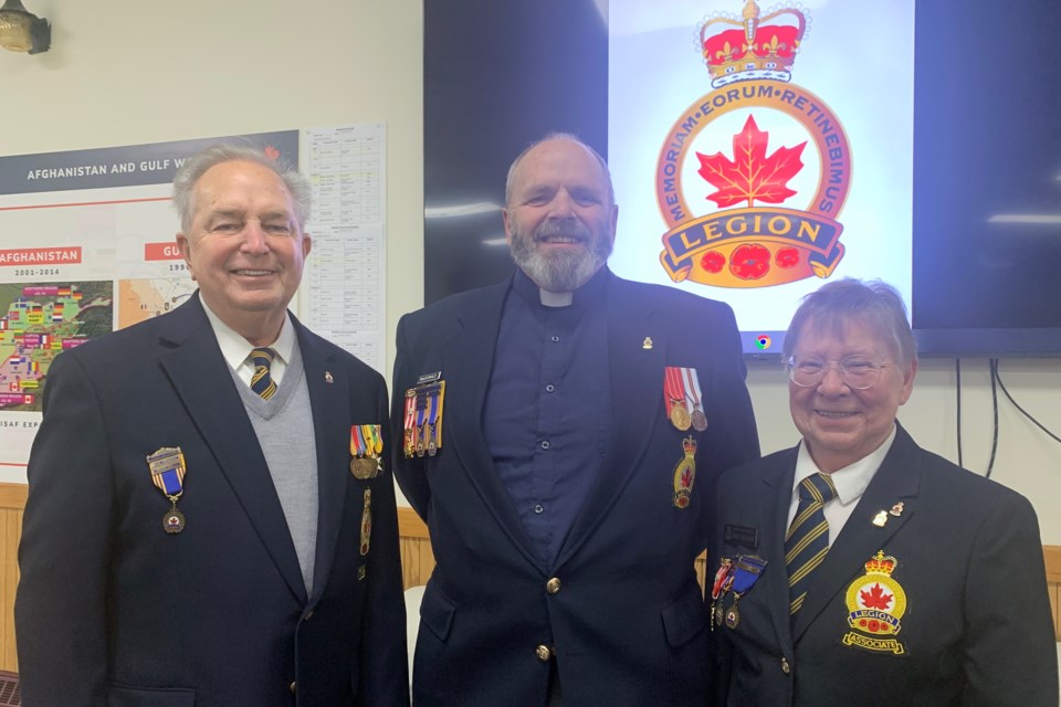 From left: Jim Meitl, president of the Royal Canadian Legion Branch #223 in Sundre, alongside past presidents Todd MacDonald, who is soon moving to Nova Scotia, and Christina Ferguson, who is now vice-president. Simon Ducatel/MVP Staff