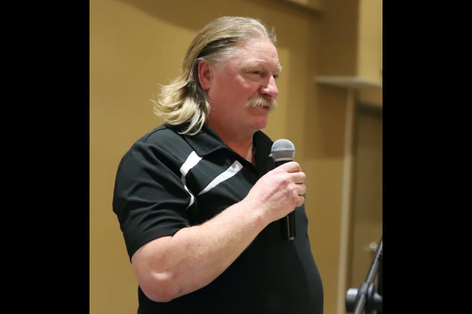 Terry Hickok, who now lives in Didsbury, grew up on a farm in the Peace country. He told the crowd that in his childhood, he suffered with anxiety, depression and bullying to the point where he ran away from and tried committing suicide a few times. However, thanks to the support of his wife, mother-in-law and the medical establishment, he’s now much better.