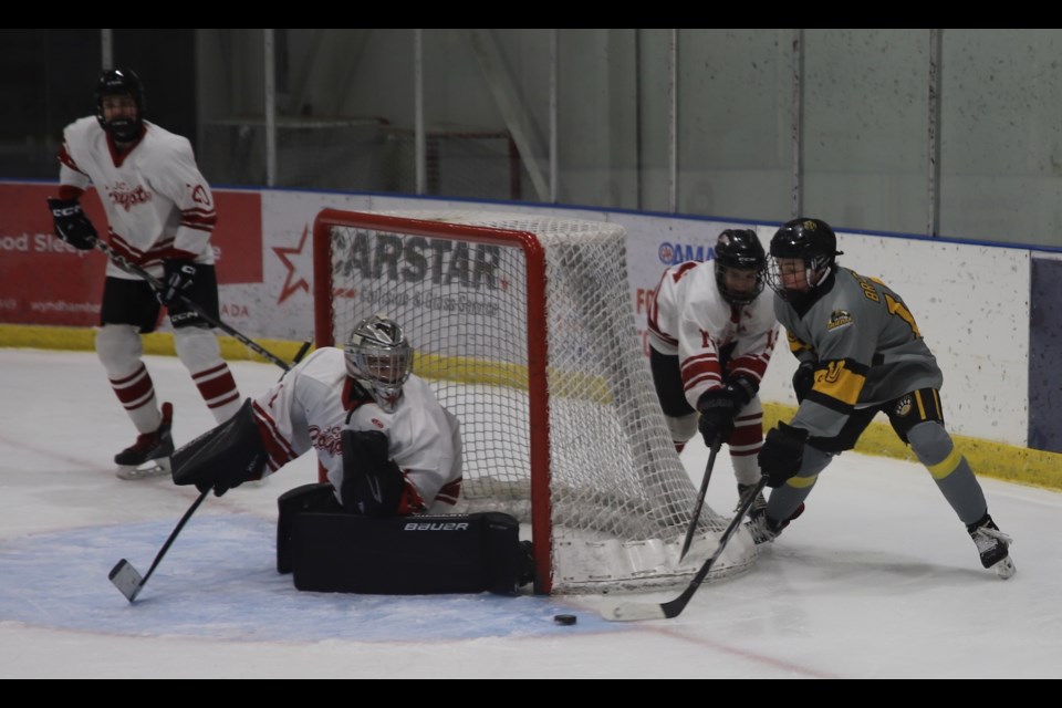 Forward Blake Bristow (10) of the Olds Grizzlys U15AA hockey team tries a wraparound during a game against the 3C's Coyotes Jan. 4.
Doug Collie/MVP Staff