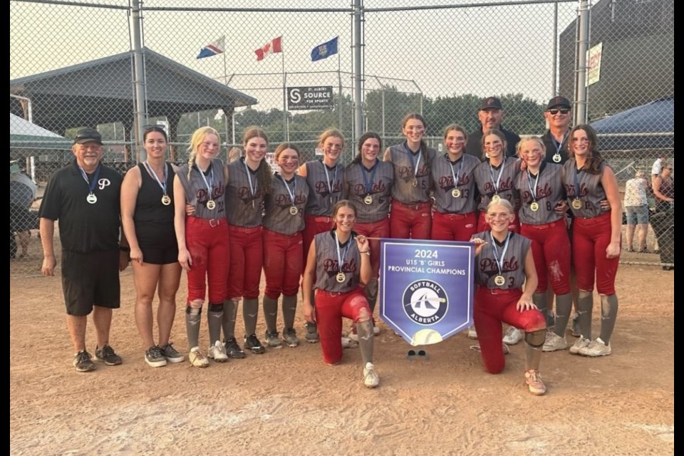 U15B softball provincial gold medalists are from left back row: head coach Duane Lowe and assistant coach Larry Lowe. Middle row, from left: assistant coach Stan Martin, manager Erin Lowe, Dylan Smith, Emma Coleman, Sarah Scott, Olivia Hoppins, Ainsleigh McKeirnan, Calli Lowe, Delia Ferguson, Kendall Hammer, Austin Awe and Carlee Clark. Front Row, from left: Dani Blackhurst and Griffyn Martin. 
Photo submitted
