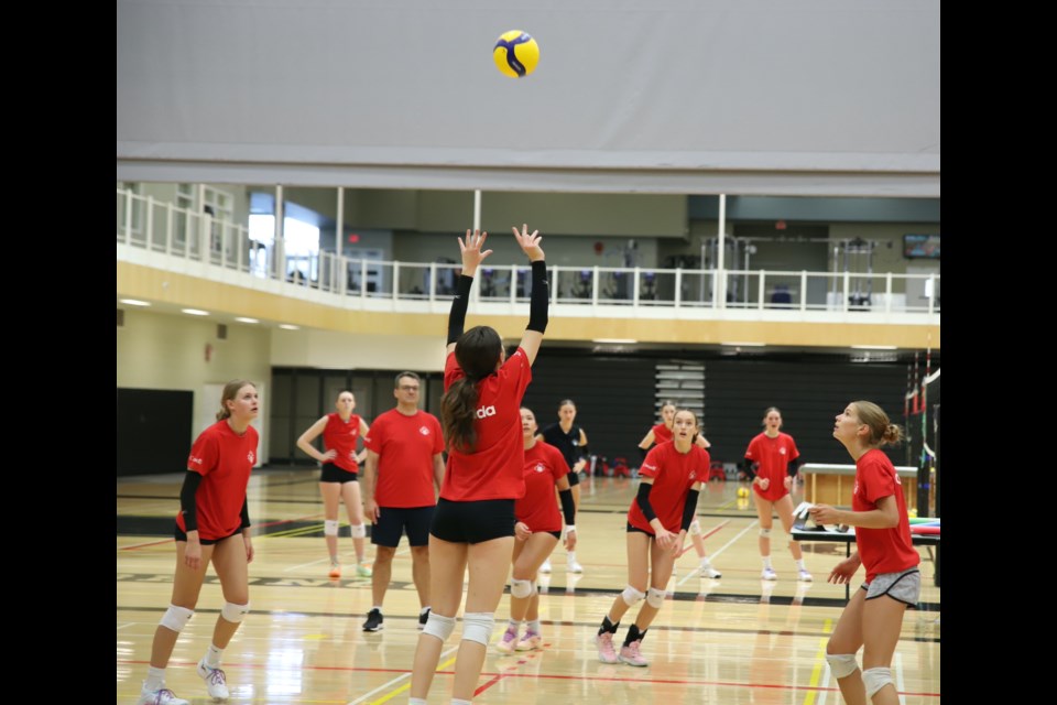 The ball is set in a mock game during the national U17 girls volleyball camp, held last week at Olds College.
Doug Collie/MVP Staff