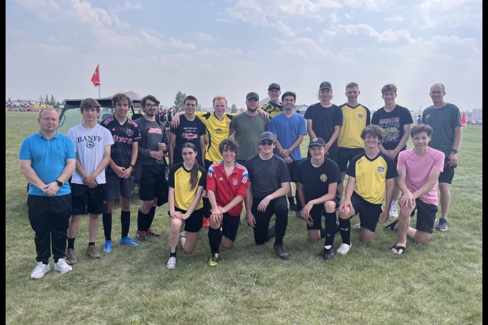 Members of the Olds Mustangs U19 soccer team gather for a picture.
Photo submitted