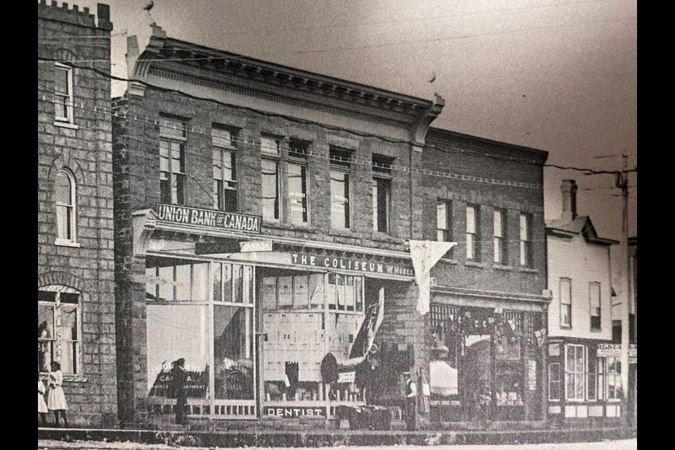 The Globe Coliseum Building in 1919 with the Union Bank of Canada and William Hodge Sr.'s Coliseum Store on the building's ground floor. Beside the historic structure at right is the Geary Building; now known as the Jackson Building that today houses The Gift Loft store. Donna Chadwick photo