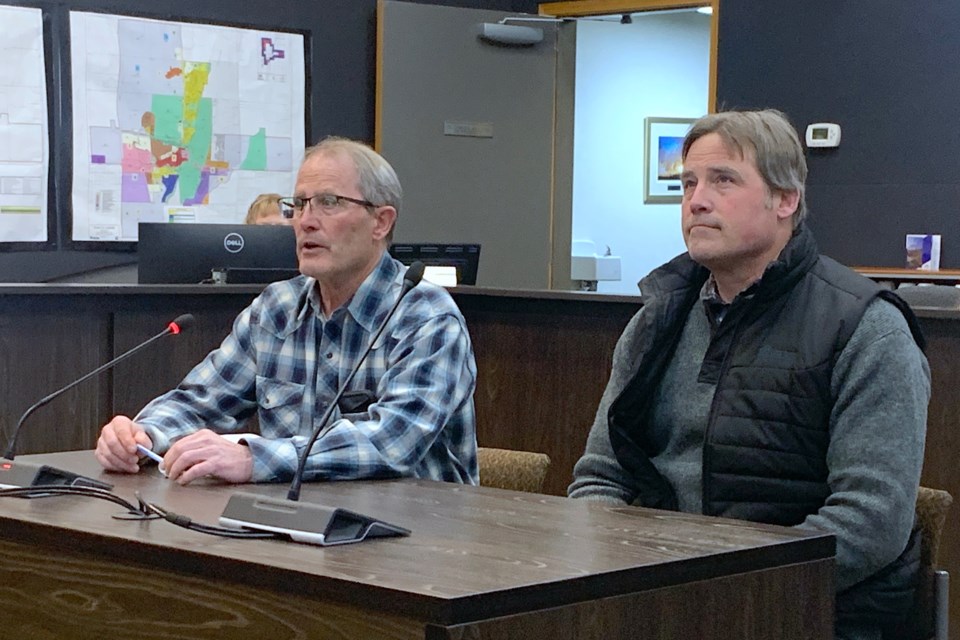 West Fraser - Sundre Forest Products representatives Tom Daniels, woodlands manager, left, and Jason Foote, general manager, addressed Sundre council on Feb. 10 during a presentation about forest fire preparedness planning. 
Simon Ducatel/MVP Staff