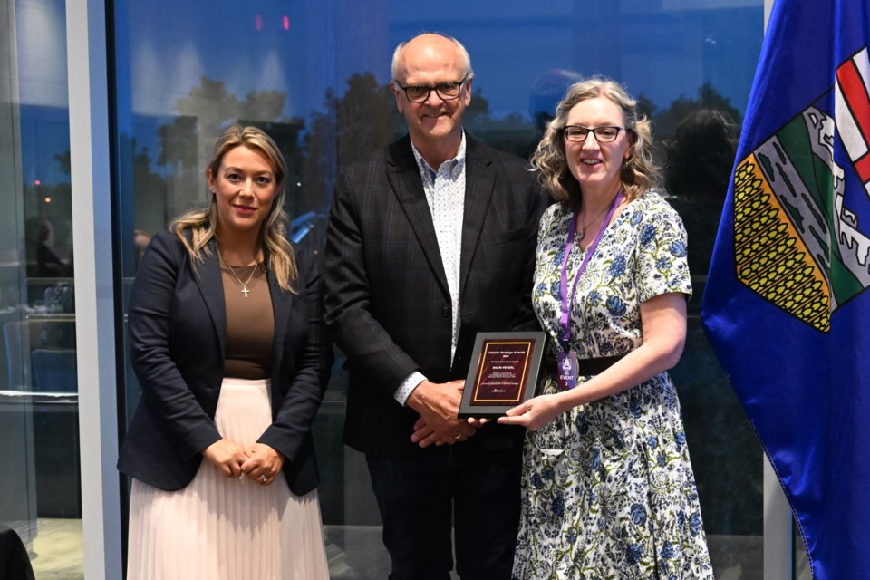 From left: Chelsae Petrovic, MLA for Livingstone-Macleod, and Ron Wiebe, MLA for Grande Prairie-Wapiti, presented Bergen-area author and archaeologist Shari Peyerl with an award for Heritage Awareness in Edmonton on Sept. 26 during the 2024 Alberta Heritage Awards.
Courtesy of Alberta Government