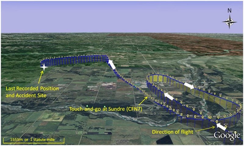 The flight path of the fatal Sundre crash plane