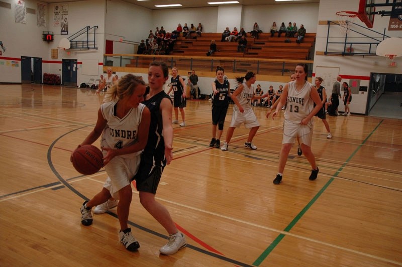 Sundre plays Innisfail in senior girls basketball action last week.