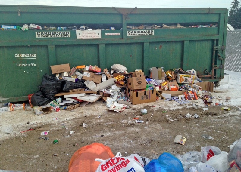 The scene depicted here at the Town of Sundre&#8217;s recycling depot, which is located on 6th Street SE near the soccer fields, shows a mess left beside a full bin on