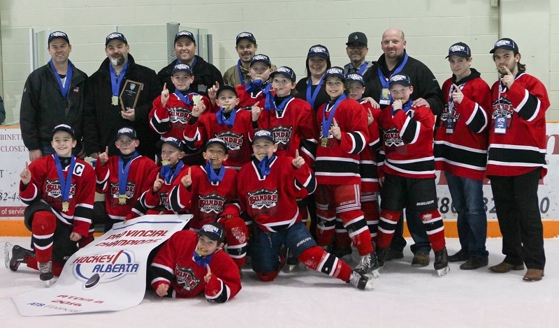 The Sundre atom Huskies celebrate coming in first place at the Hockey Alberta Atom B Provincial Championship, which took place March 17-20 in Vegreville.,