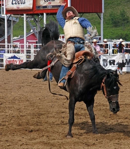 Dusty Hausauer, of Dickinson, N.D., hangs on tight during a saddlebronc event at last year&#8217;s Sundre Pro Rodeo. Plenty more action is lined up for the 37th annual event, 