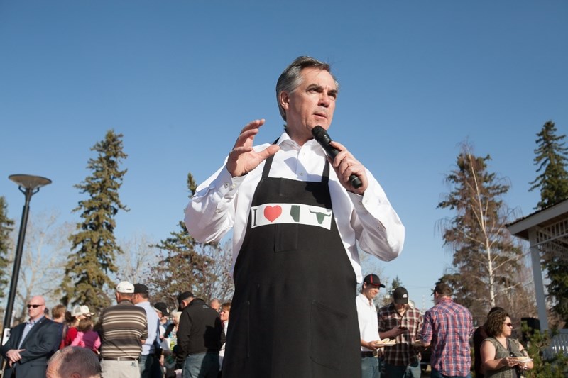 Jim Prentice campaigns in Olds in April 2105.,