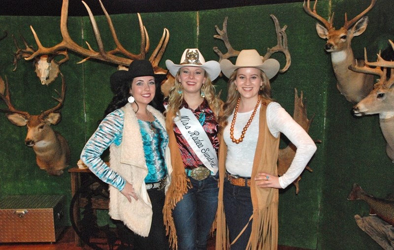 Miss Rodeo Sundre 2016 Martina Holtkamp, centre, is flanked by the 2017 contestants, Dana Blasetti, left, and Alisa Brace on Saturday, April 8 during the annual Sundre Fish