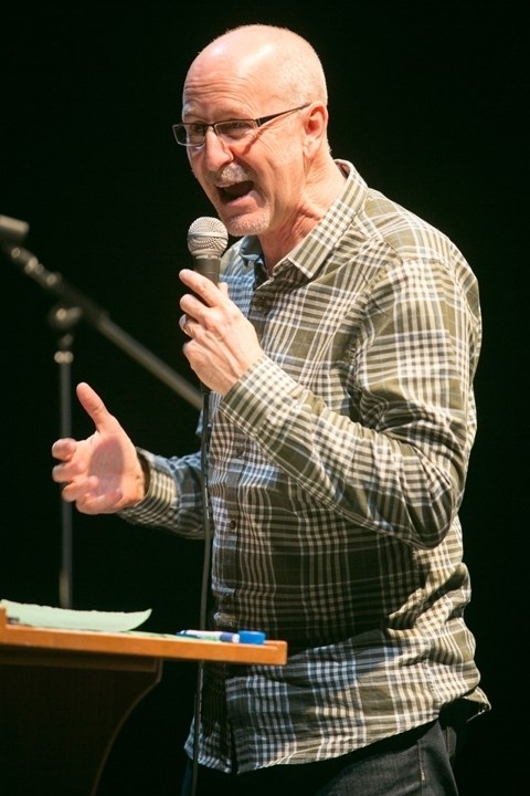 Phil Callaway performs a stand-up comedy act during a sold-out 55-plus comedy show at the Sundre Arts Centre on April 18.