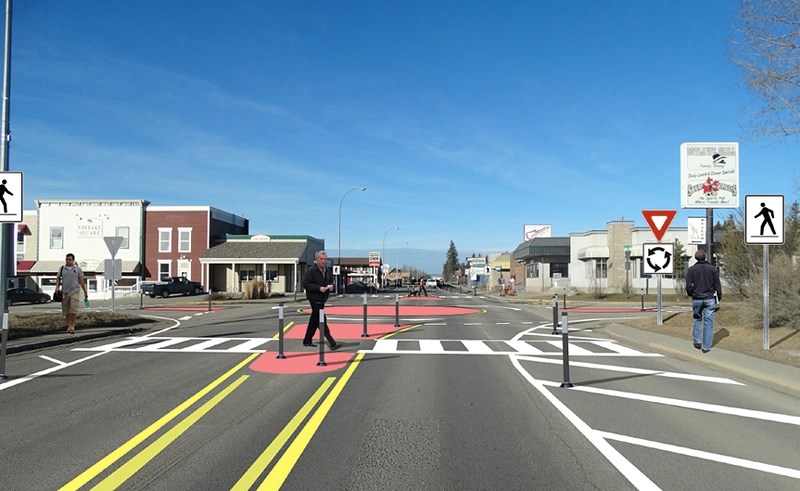 Provided a heavy snow cover does not come early this year, planners expect the Main Avenue mini roundabout pilot project to be deployed before the winter. This artist&#8217;s 