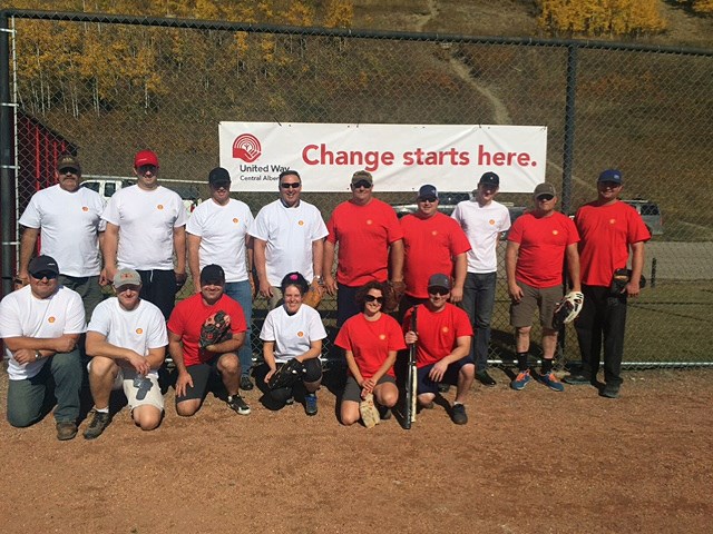 Shell Caroline employees recently formed two teams of 10 to play a friendly game of ball in Sundre to kick off an annual fundraising campaign in support of Central Alberta