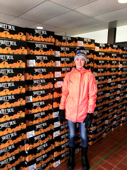 River Valley School student Megan Weiss, Grade 8, was among the numerous hands that helped unload and stack cases of oranges and grapefruits for the school&#8217;s annual