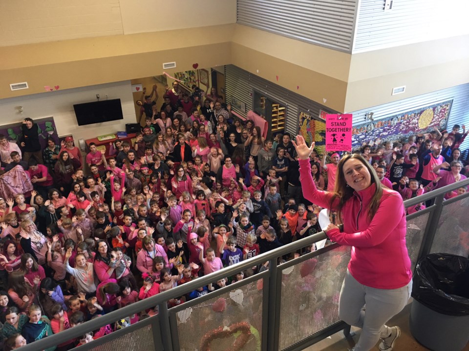 Principal Leslie Cooper-Shand and River Valley School students gathered on the morning of Tuesday, Feb. 27 to recognize the annual Pink Shirt Day, an anti-bullying initiative 