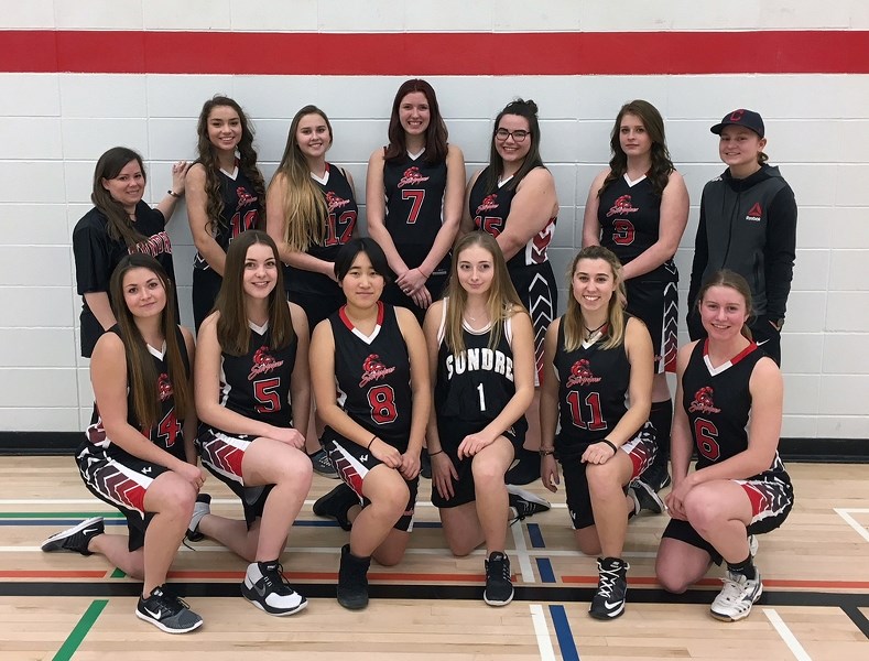 Back row, from left: Coach Lisa Bloomer, Dakota Lafferty, Rachele Dumas, Brianna Braybrook, Keyanna St. Dennis, Kirstyn Valentine and assistant coach Allison French. Front