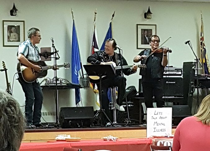  Leo Dumont, centre, brought an ensemble to provide some live musical entertainment at the Sundre Legion during the second annual Back to the Future pie auction fundraiser for the new Sundre hospital and mental health and addiction facility. Submitted photo