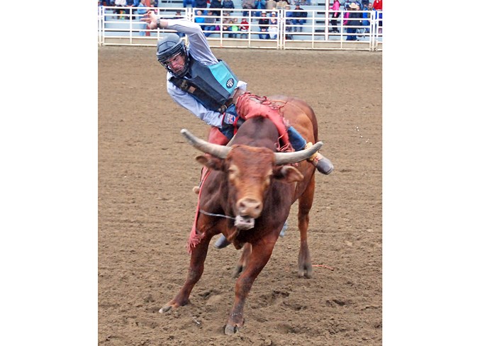  Ty Patten, from Buck Lake, Alta., grimaces with gritty determination as he manages to keep his grip long enough to score 83.5 points. He went on to finish second in the bull riding event. Simon Ducatel/MVP Staff