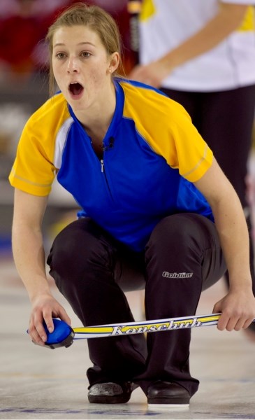 Becca Konschuh encourages her sweepers during the final game of the Canadian championships.