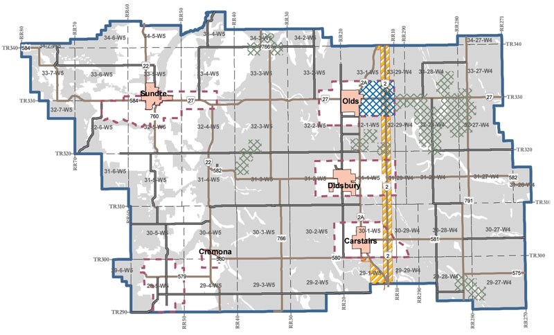 Map from draft MDP showing proposed new land-use designations in Mountain View County. Grey marks the Agricultural Preservation Area