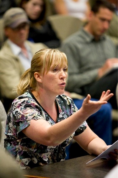 Ashley Shannon speaks out against the bare first parcel out moratorium during last Tuesday&#8217;s Red Deer County meeting.