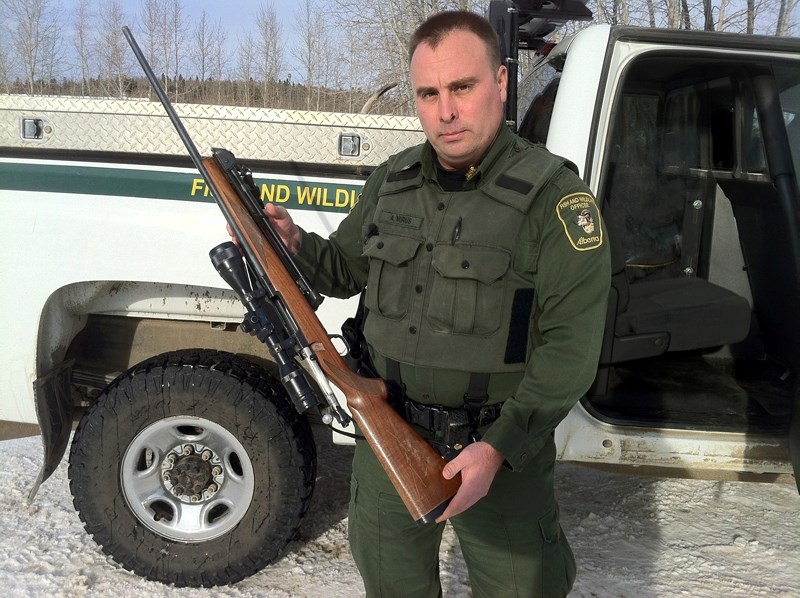 Officer Adam Mirus holds a rifle seized after a deer was shot north of Sundre.