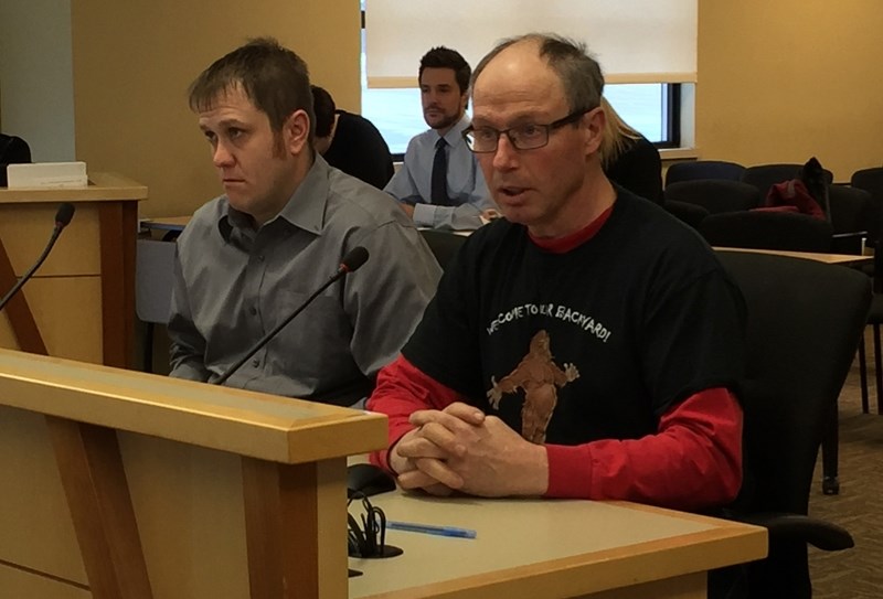 Clearwater County councillor Jim Duncan, right, and Clearwater director of agricultural services and land care Matt Martinson speak with the policies and priorities committee.