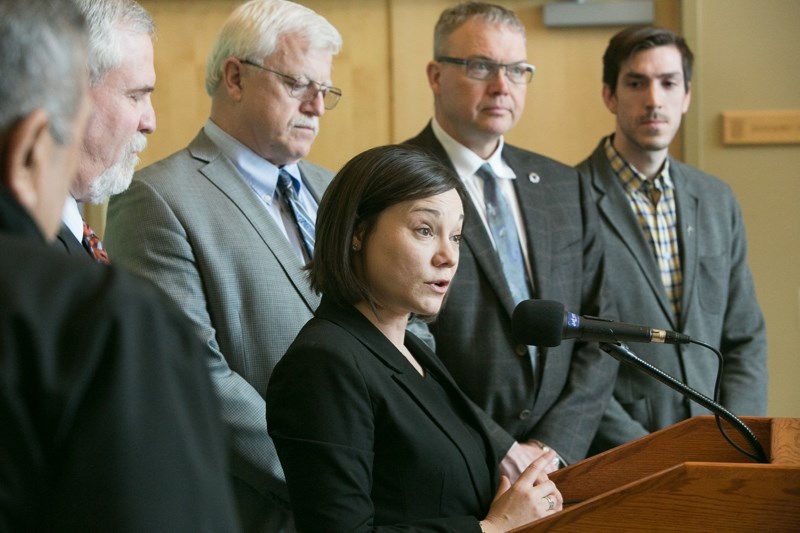 Shannon Phillips, minister of environment and parks, speaks during a press conference at the Mountain View County office on April 6. Alberta Association of Muncipal Districts 