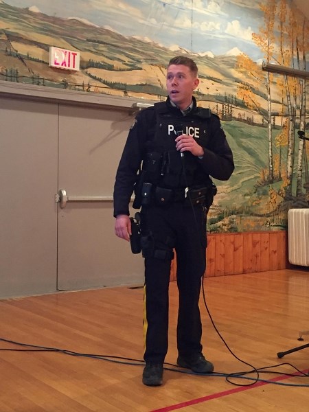 Sundre RCMP Const. Dow York speaks during a Bergen open house on April 10.